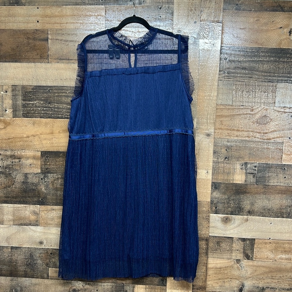 SUZANNE BETRO Polka Dot Mesh-Overlay Sleeveless Dress Navy Blue Women's 4X